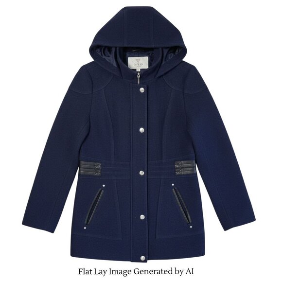 GUESS Los Angeles Women’s Wool Blend Hooded Pea Coat Navy Large - Picture 4 of 14